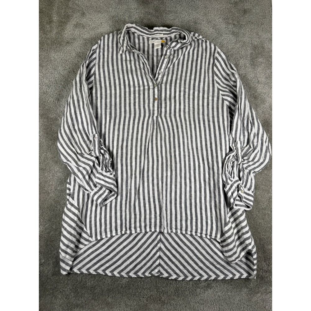 C&C California Grey White Striped 100% Linen Tunic Top Plus Size 1X High Low